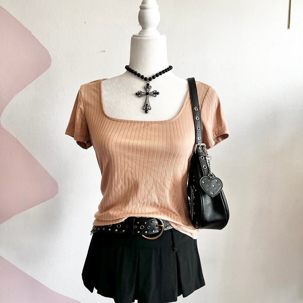Brown Ribbed Square Neck Top, Minimalist, 90s, Y2K,‎ Earthy, Casual, Medium